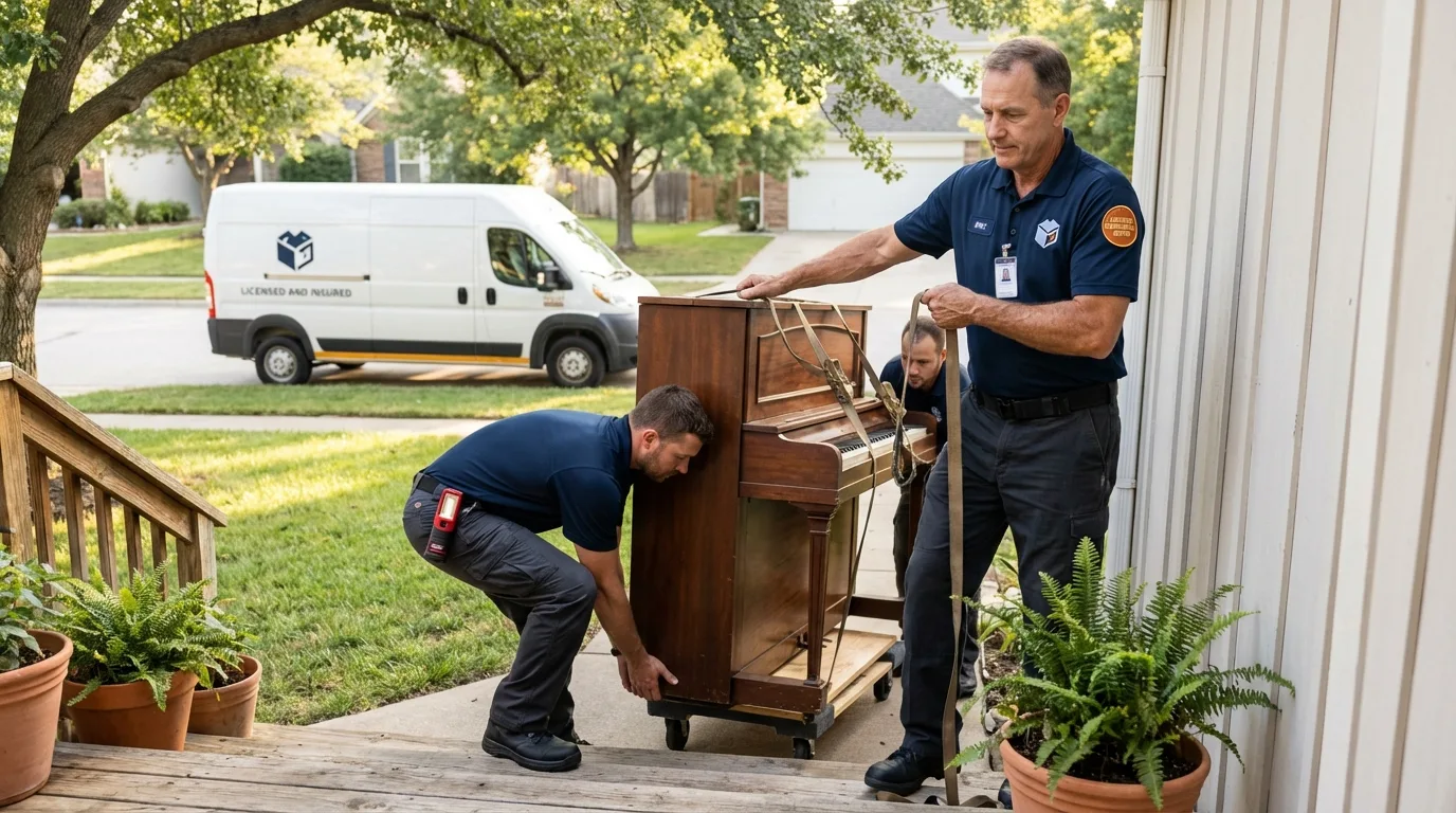 Licensed piano movers securing grand piano in Lisbon, IA