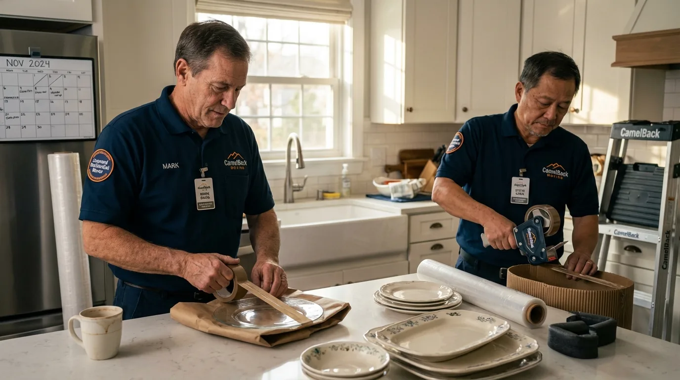 Professional crew packing kitchen dishware in Lisbon, IA